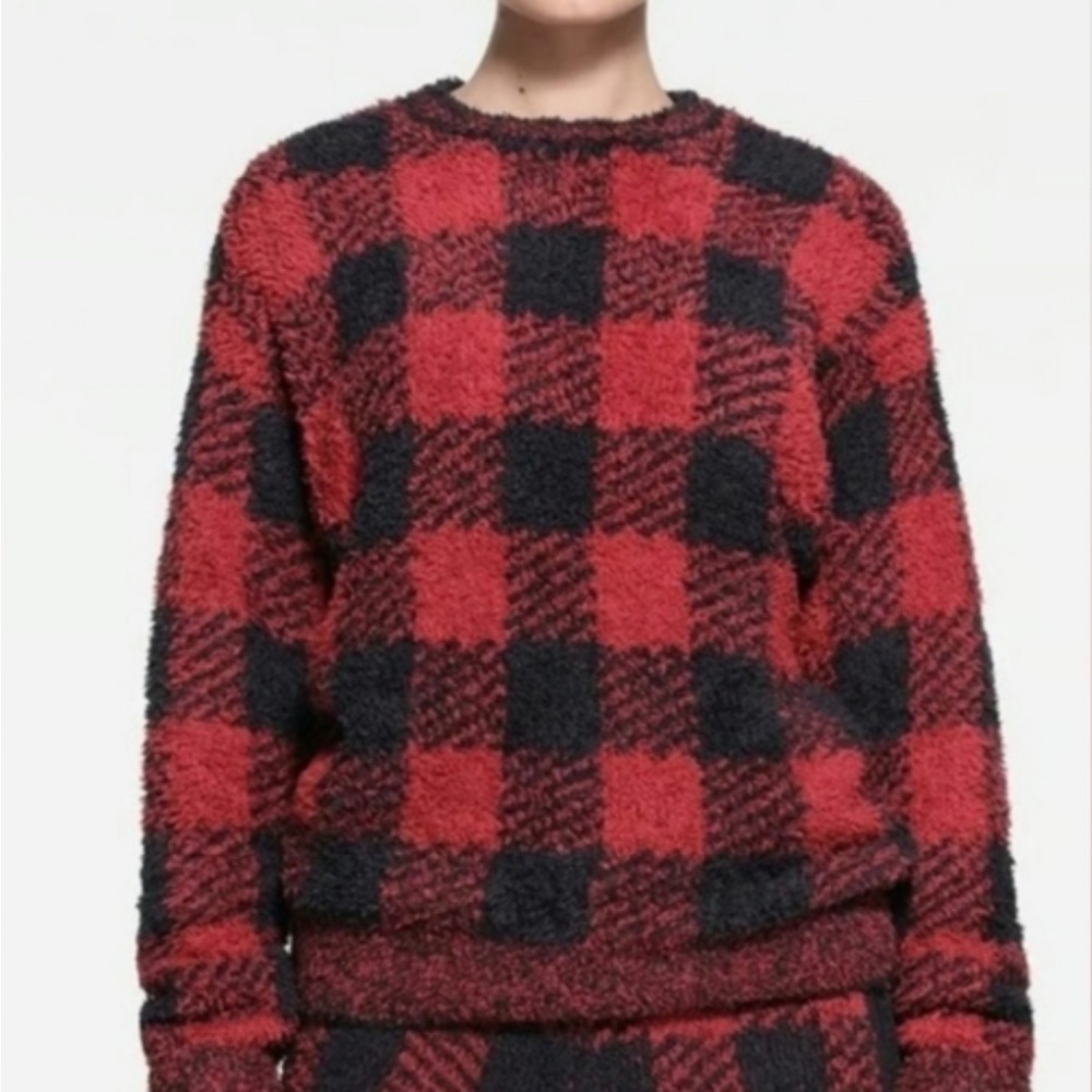 SKIMS NWT Cozy Knit Pullover in Brick/Onyx Buffalo Plaid Sweater S/M